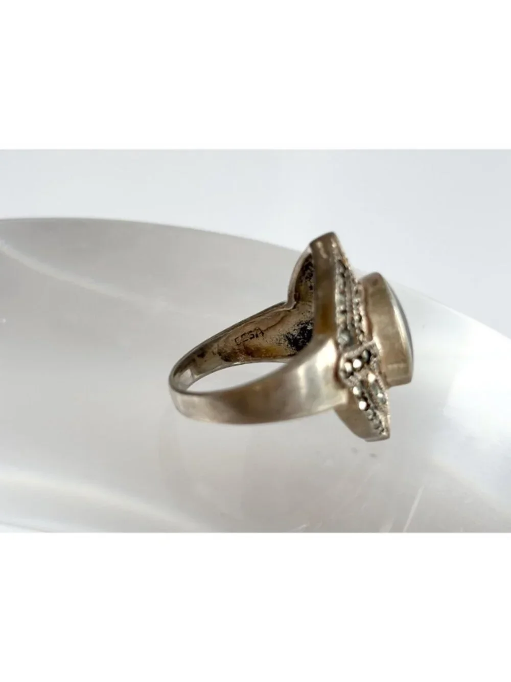 Black Onyx Marcasite Framed Art Deco Sterling Silver 925 Vintage Ring - sz 7.75
